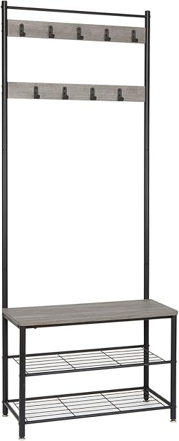Meerveil Coat Rack, Shoe Rack, Coat Rack Stand, Clothes Rack, Shoe Storage Bench with 9 Hooks, Metal Hall Tree, Metal Frame for Bedroom, Living, Room Hallway (Grey)