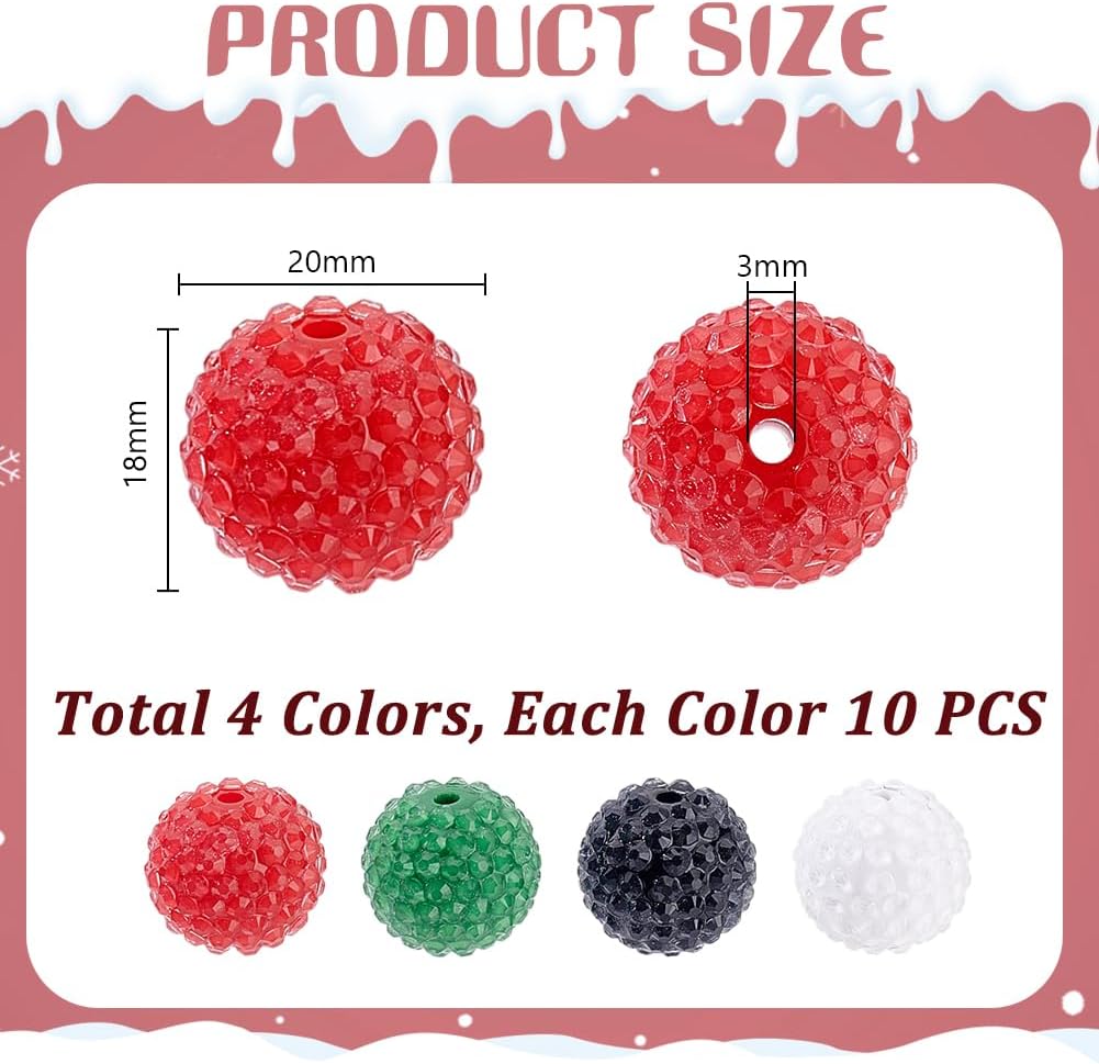 AHANDMAKER 40pcs Rhinestone Beads 20mm 4 Color Chunky Bubblegum Ball Beads Bulk Crystal Round Disco Ball for Beaded Pens Bracelets Charms Craft European Style Jewelry Making Supplies Christmas - Image 2