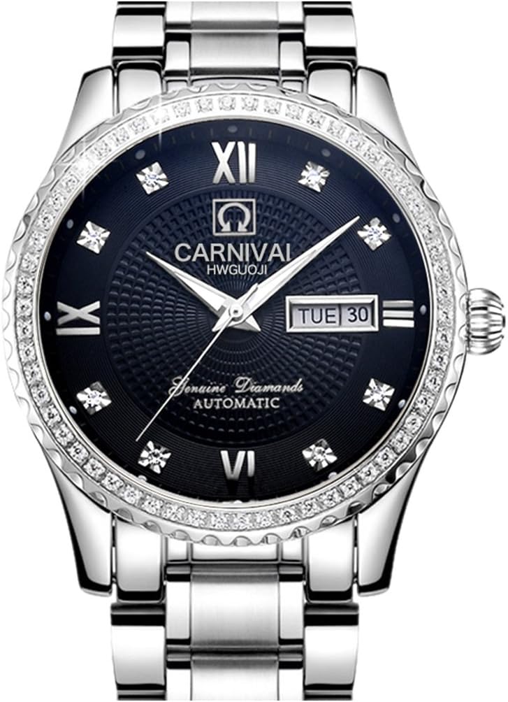 Mens 25 Jewels Automatic Watches with Mineral Mirror Calendar Diamonds and Luminous Watch Black