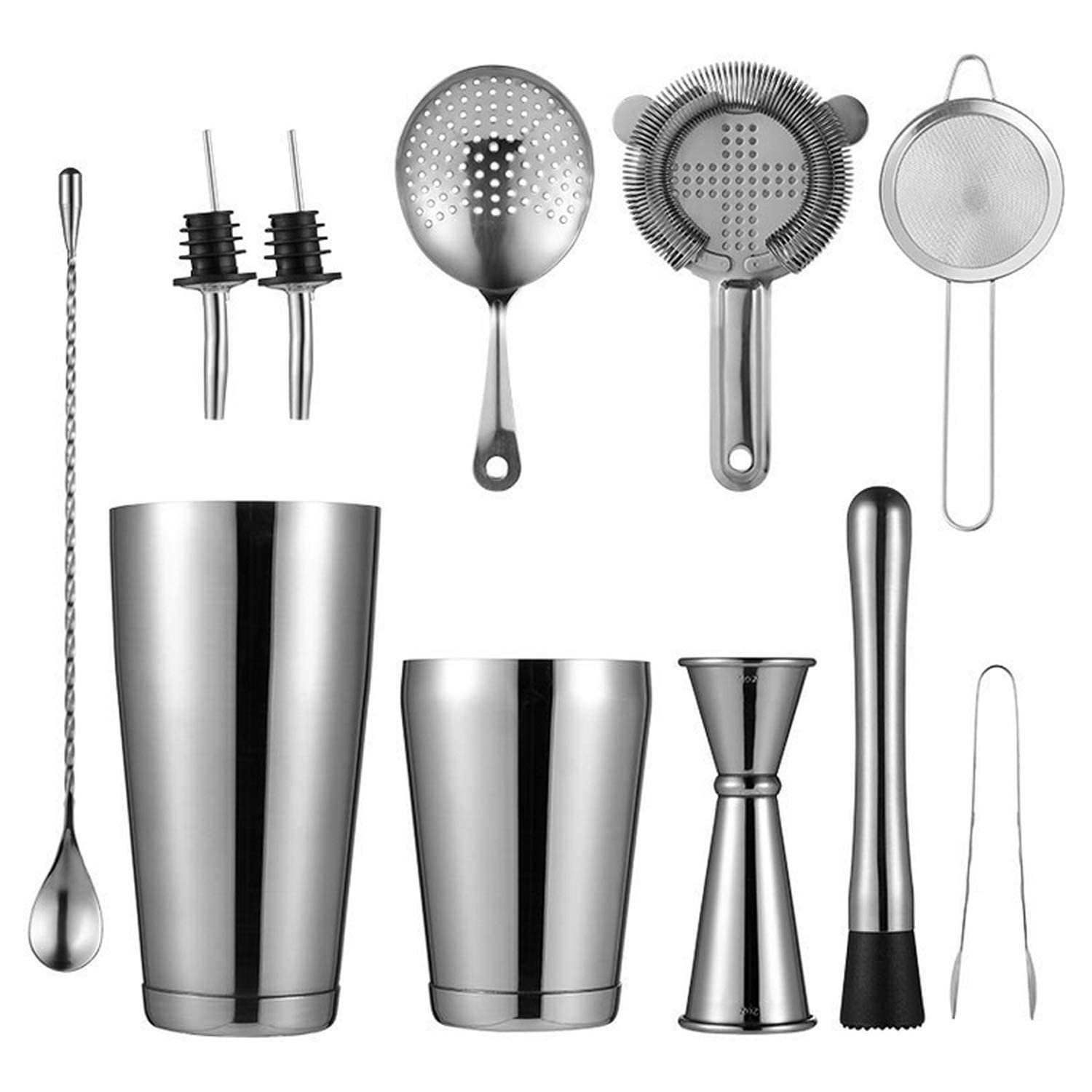 SKEIDO 11pcs/set Bartender Kit Cocktail Shaker Set for Bar Home DIY Mixed Drinks Martini Boston Shakers Tools Mixer Drink Bartender -Silver