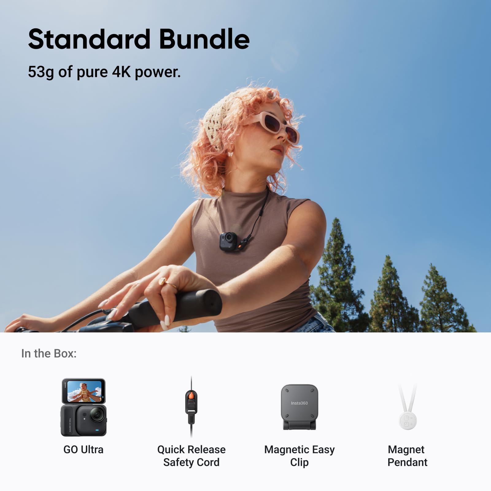 Insta360 GO Ultra Standard Bundle Midnight Black – mała kamera 4K, lekka i przenośna, doskonałość przy słabym oświetleniu, montaż w dowolnym miejscu, stabilizacja FlowState, żywotność baterii 200 min