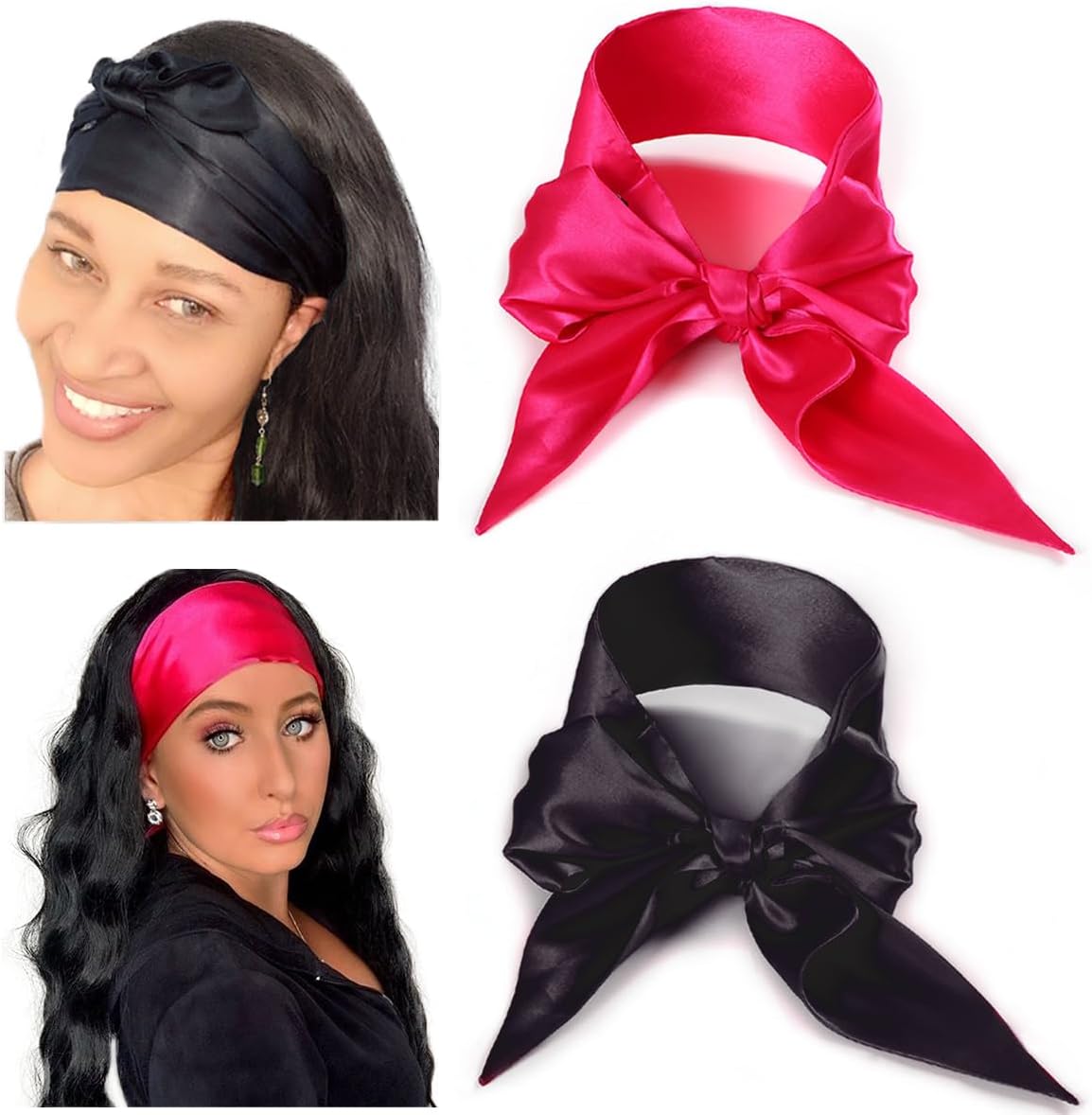 Leeven 2 Pcs Wig Grip Band Silky Satin Edge Scarves For Women Satin Wrapping Laying Scarf for Lace Wigs Non Slip Hair Wrap Headband For Makeup Facial Sport Yoga 4.5"x54" 1 pcs pink+1Pcs black