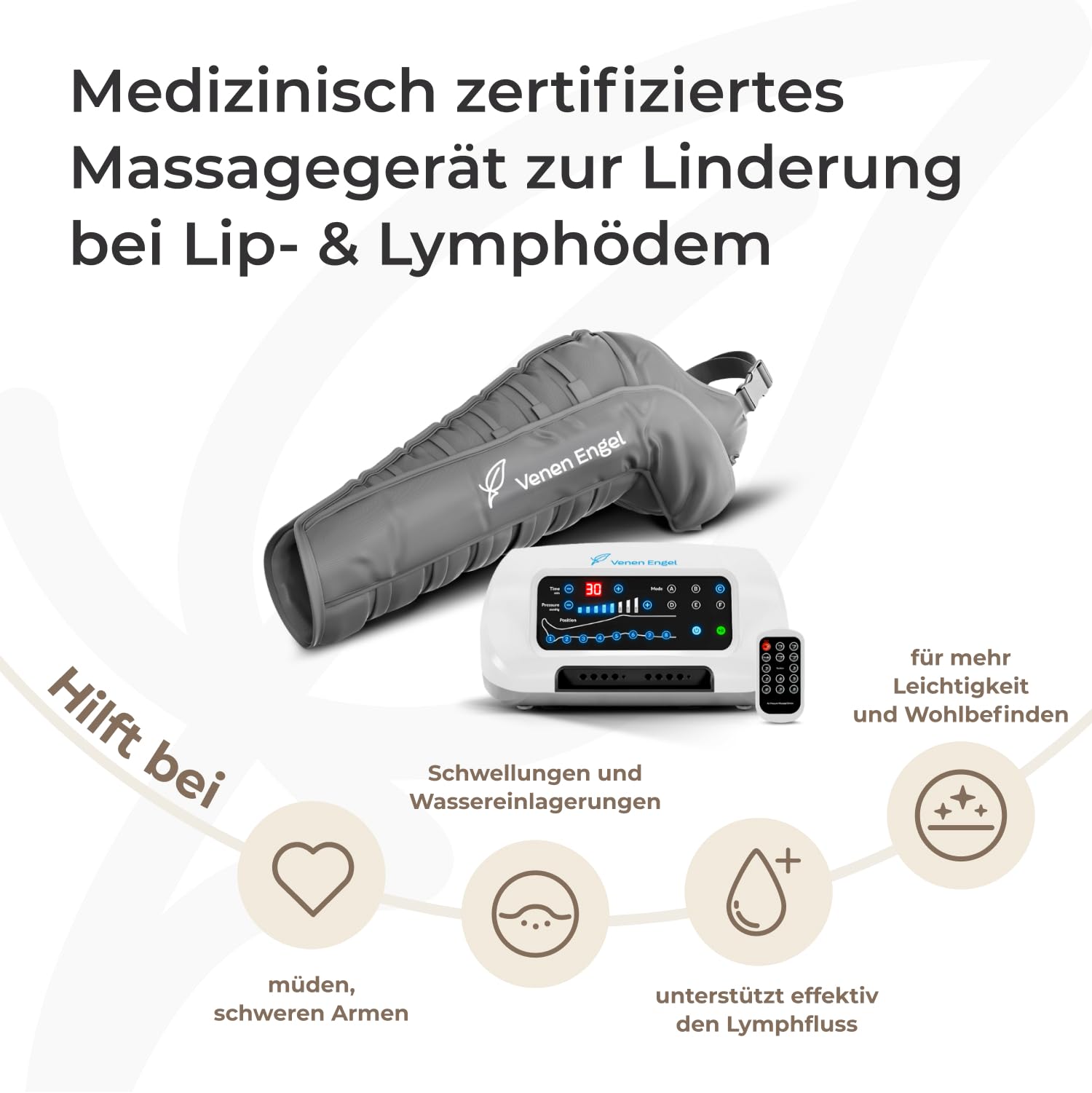 Venen Engel 8 Premium mit Lymph-Flow Arm für den rechten Arm - 8 Luftkammern 6 Massageprogramme fördert die Durchblutung Arme Massagegerät Druckwellen-Massage