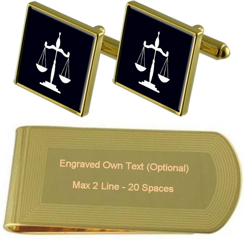 Scales of Jsutice Lawyer Gold-tone Cufflinks Money Clip Engraved Gift Set