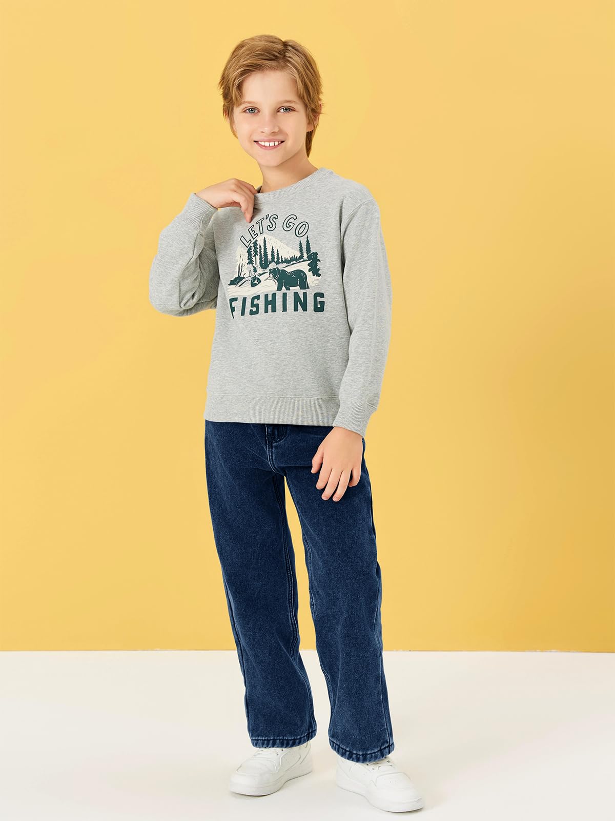 Haloumoning Jeans da ragazzo foderati in pile termico per bambini con elastico in vita gamba dritta pantaloni in denim con tasche