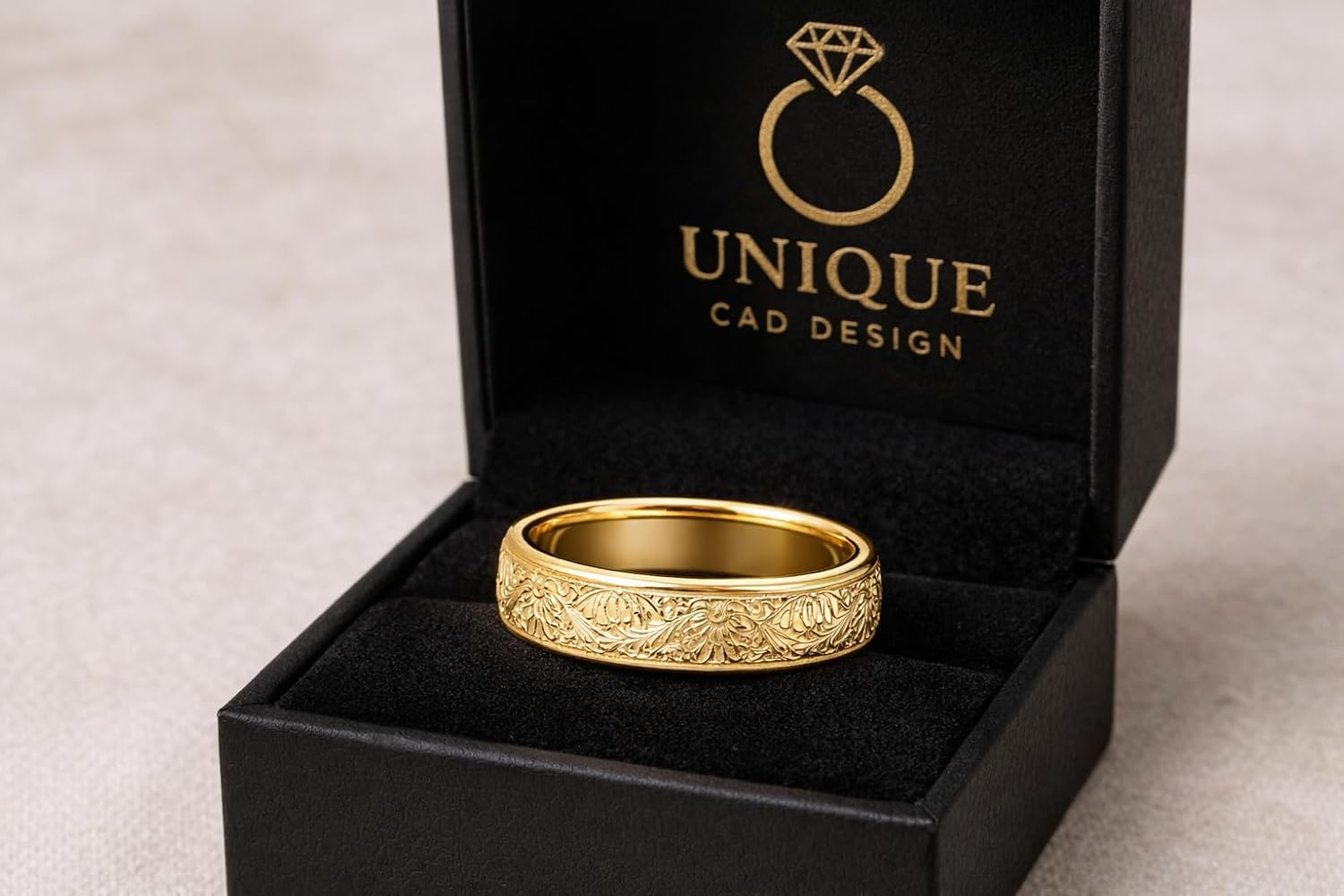 18K Yellow Gold 6mm Engraved Band Ring for Men & Women | Hand-Carved Floral Pattern Wedding Ring | Comfort Fit Anniversary Promise Jewelry
