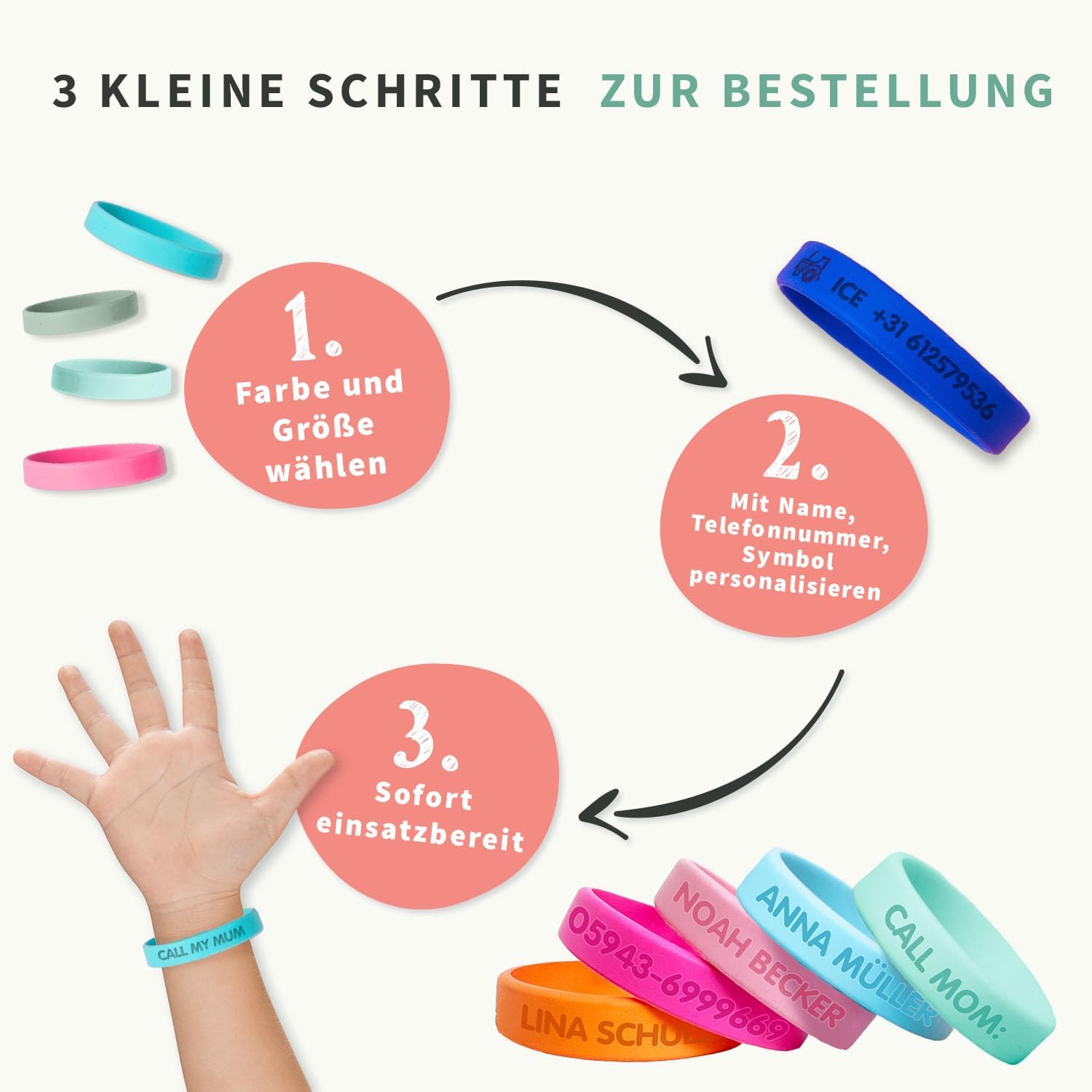 Gutmarkiert – Personalisierbares SOS-Armband für Kinder aus Silikon, graviert mit Name & Telefonnummer – wasserdichtes Notfallarmband für Kinder, besonders langlebig – Farbe wählbar