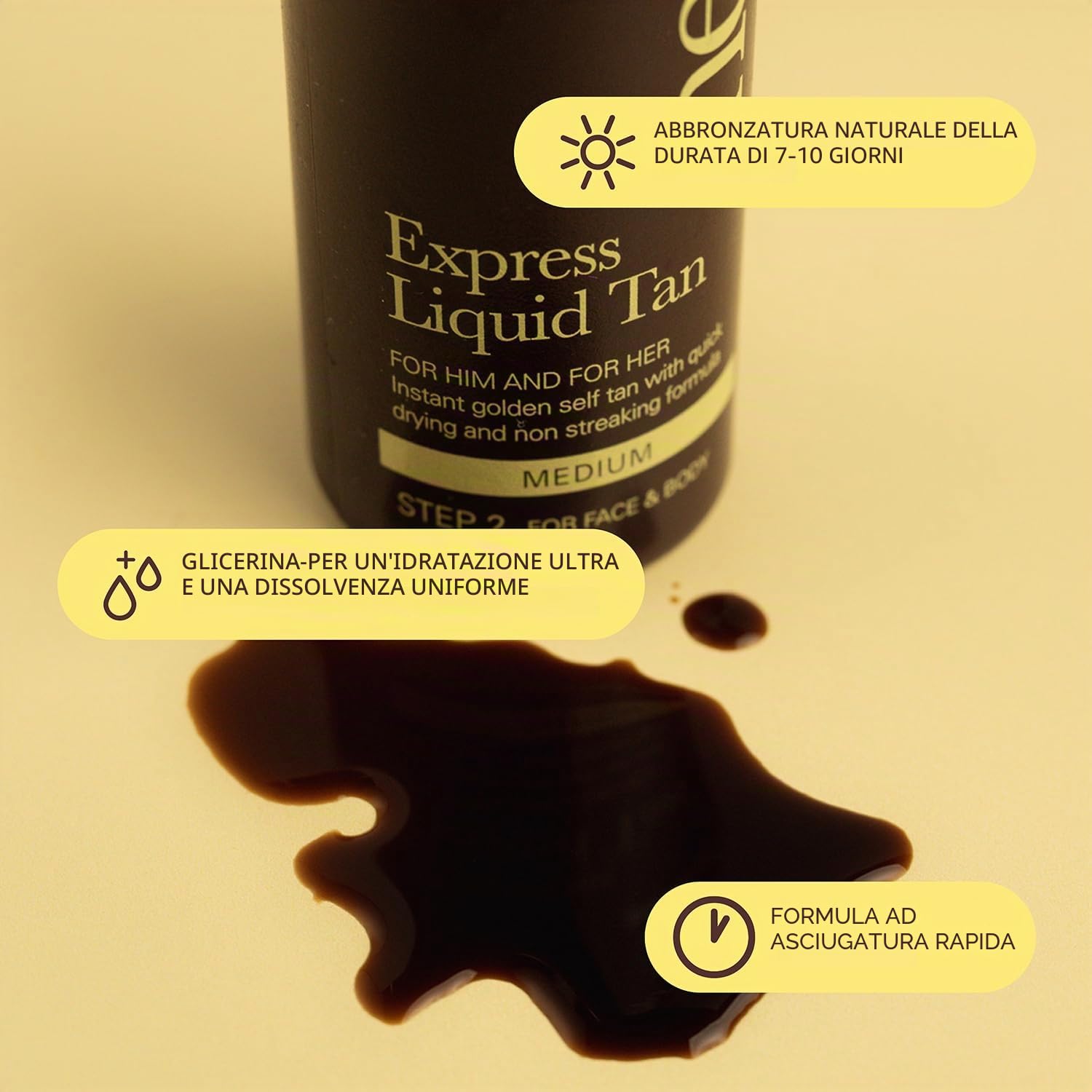 He-Shi Express Liquid abbronzante istantaneo liquido – nessun odore autoabbronzante – formula ad asciugatura rapida e senza aloni – formula naturale vegana con glicerina – autoabbronzante per corpo e