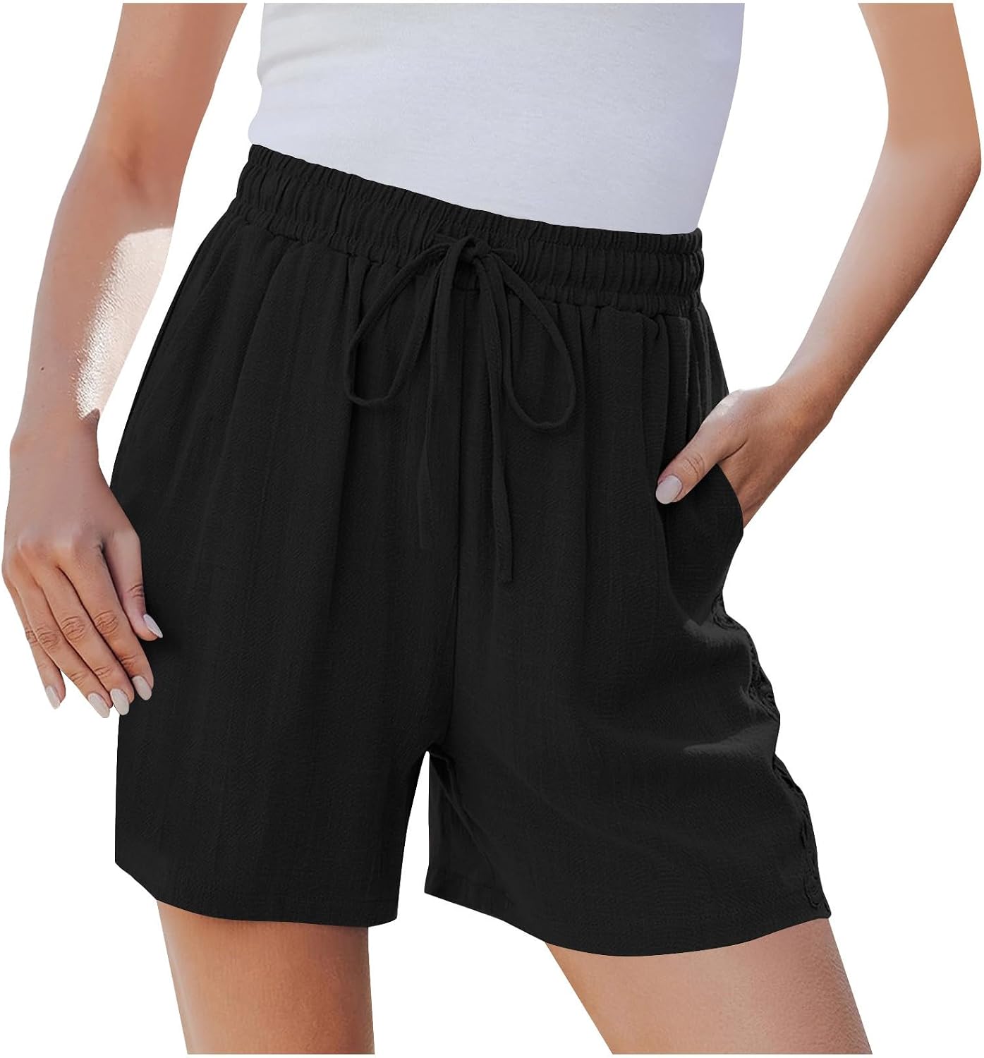 Women’s Shorts Casual Flowy High Waisted Comfy Short Summer Dressy Solid Elastic Drawstring Crop Pants with Pockets