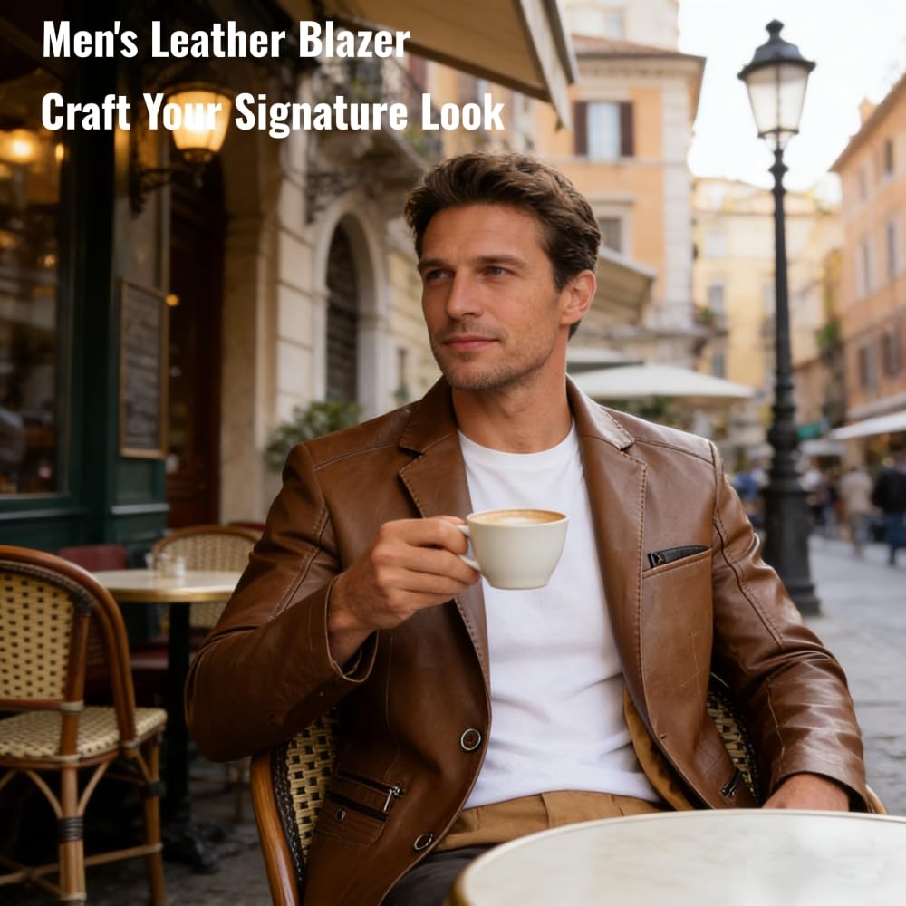 Giacca da uomo in pelle, stile business casual, con risvolto in morbida pelle, vestibilità regolare, 2 bottoni con tasche