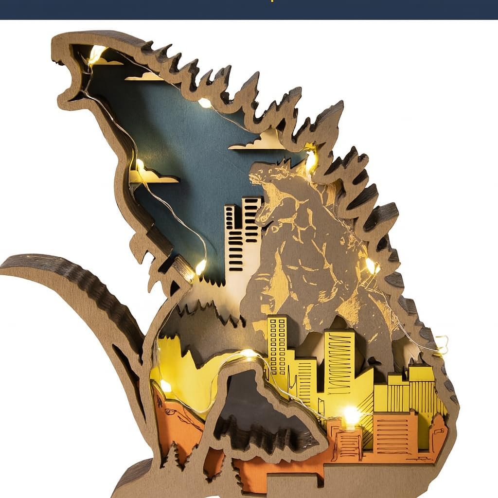 3D Laser Engraved Wood Godzilla Night Lights, Christmas Tree Animal Hanging,Children's Room Decor, Dinosaur Lovers Lights, Personalized Cityscape Decor, Custom Message Gift