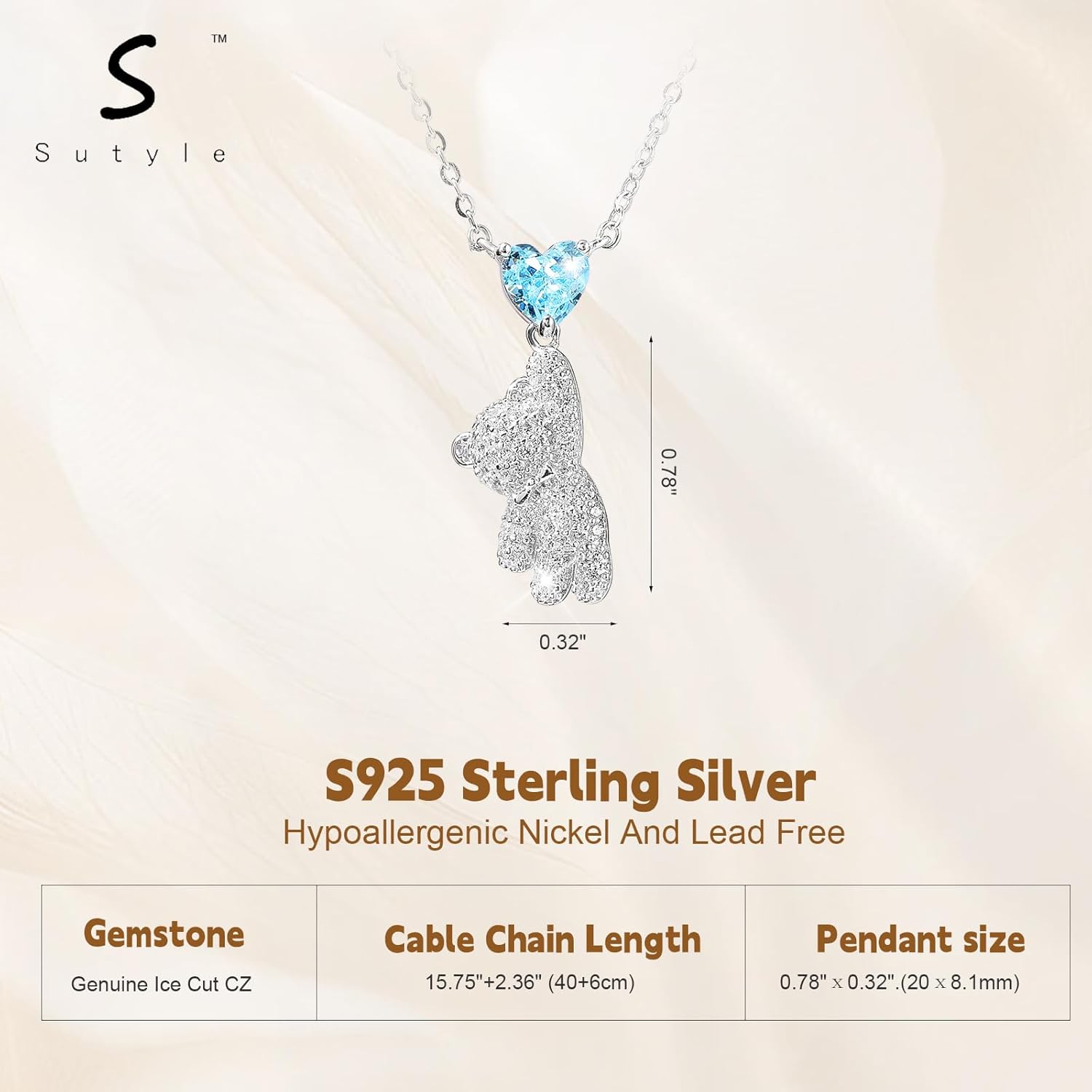 Bear Pendant Necklace for Women, S925 Sterling Silver Blue Heart Necklace, Hypoallergenic Dainty Romantic Jewelry Gift for Wife Girlfriend Mom, Elegant Love Pendant with Gift Box
