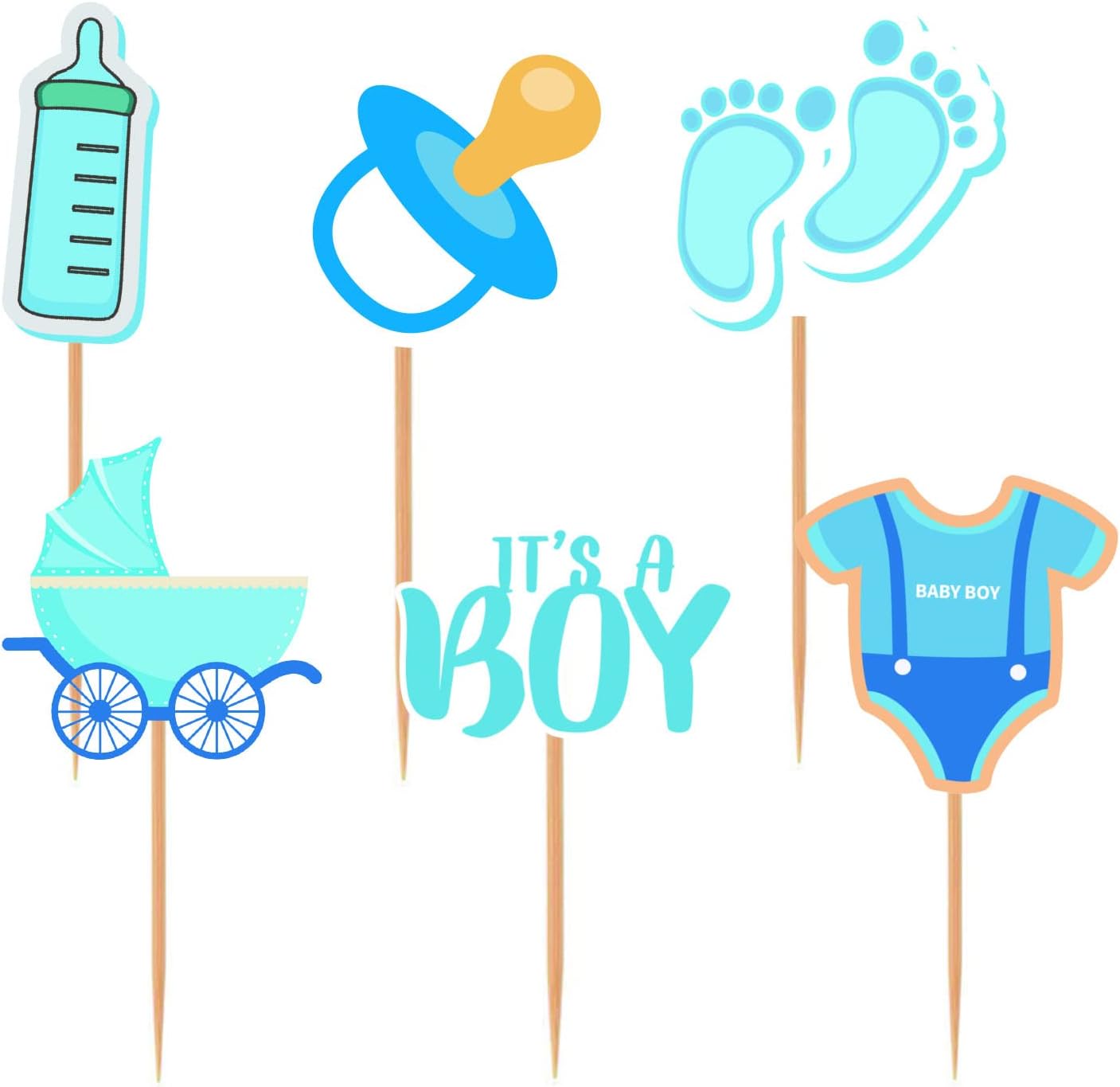 48PCs Baby Shower Cupcake Toppers Blue Baby Boy Cake