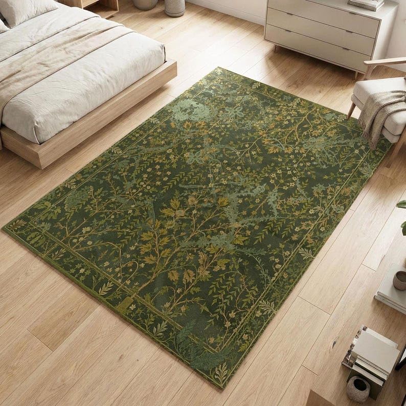 Tapis botanique vert foncé 210x300cm lavable et antidérapant idéal pour grand salon