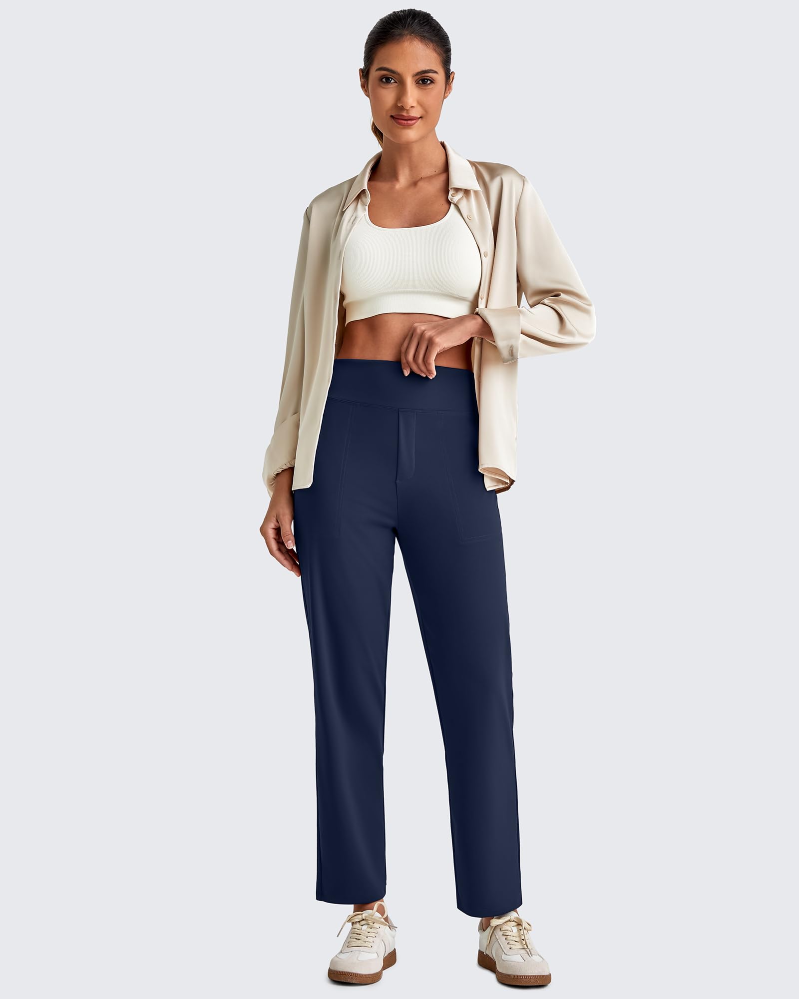 G4Free ShiftReady Pantalon de yoga extensible avec poches pour femme | Deux poches latérales, braguette synthétique, jambe droite, élégante et drapée, absorption de l'humidité, infroissable