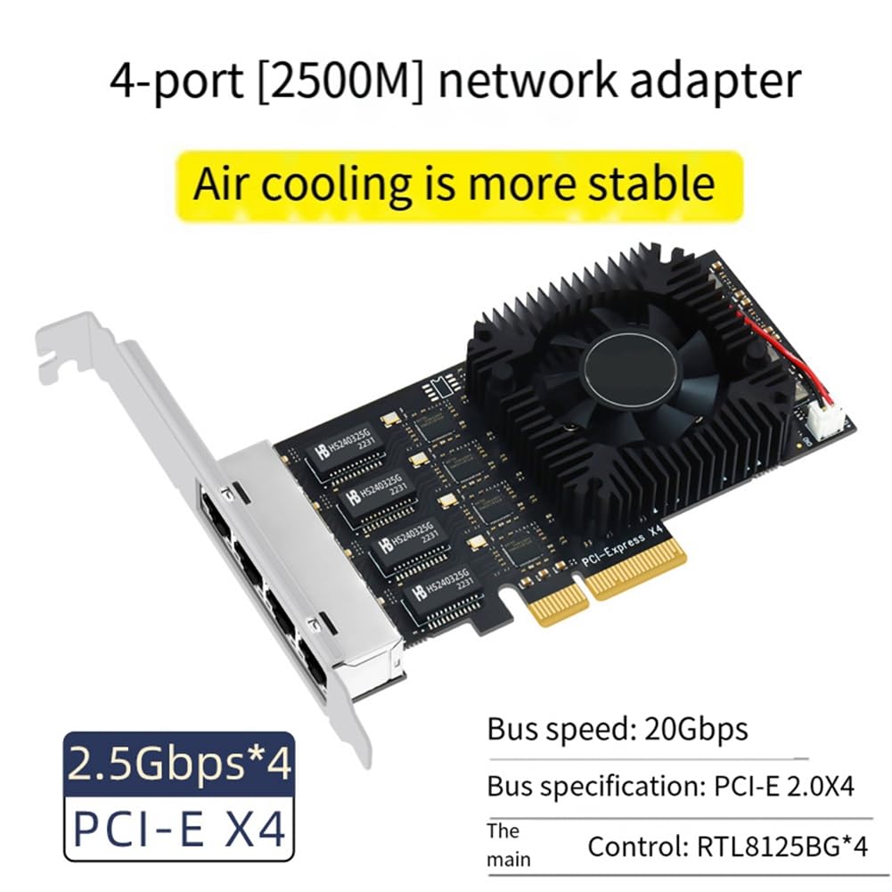 1 x Scheda di rete POE PCIE 4 porte in plastica e metallo 10/100/1000/2500Mbps Convertitore Ethernet industriale Gigabit 20G PCIE X4 con chip 8125BG