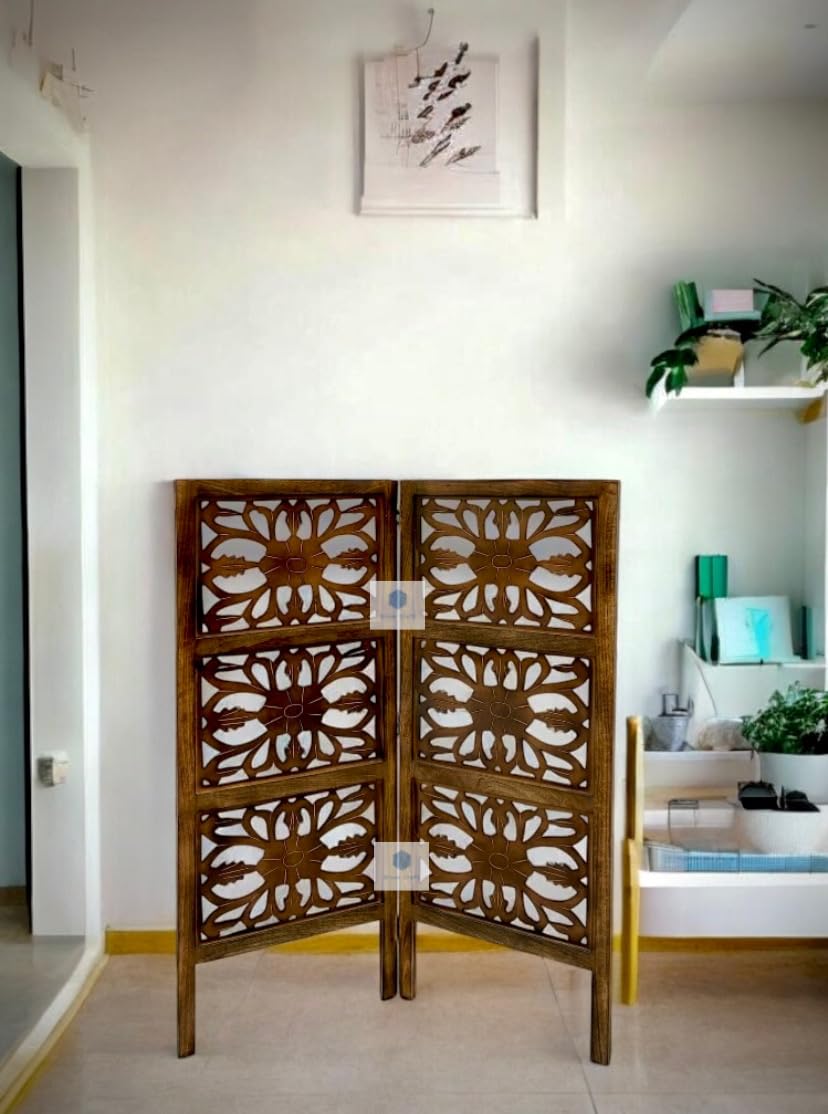 Wooden Room Divider for Living Rooms Wood Partition Wall Divider, Wooden Screen Separator Bedroom/Office/Restaurant/Kitchen Pooja Room (4 Feet Round Flower Brown) (4 Feet 2 Panel)-image-19