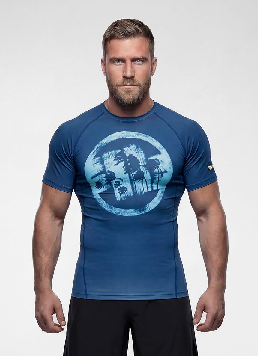 PITBULL - T-Shirt Rashguard Homme Manches Courtes Logo Palms, T Shirt Sport | Rash Guard Séchage Rapide, Tshirt Fonctionnel Élastique, Rafraichissant Chemise, Sport Chemise, De Fitness