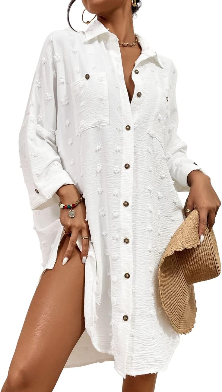 Swimsuit Coverup for Women Bathing Suit Blouse Button Down Shirt Dresses Swiss Dot