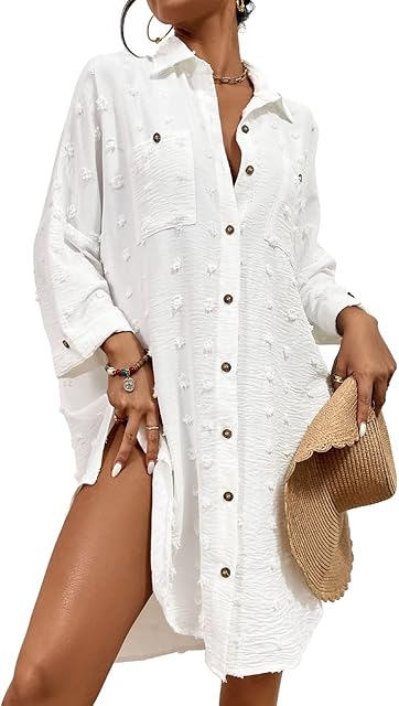 Bsubseach Women Swimsuit Coverup Button Down Shirt Dresses Swiss Dot Tops