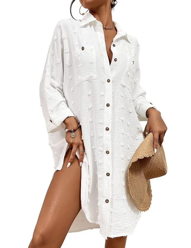 Bsubseach Women Swimsuit Coverup Blouse Button Down Shirt Dresses Swiss Dot Tops