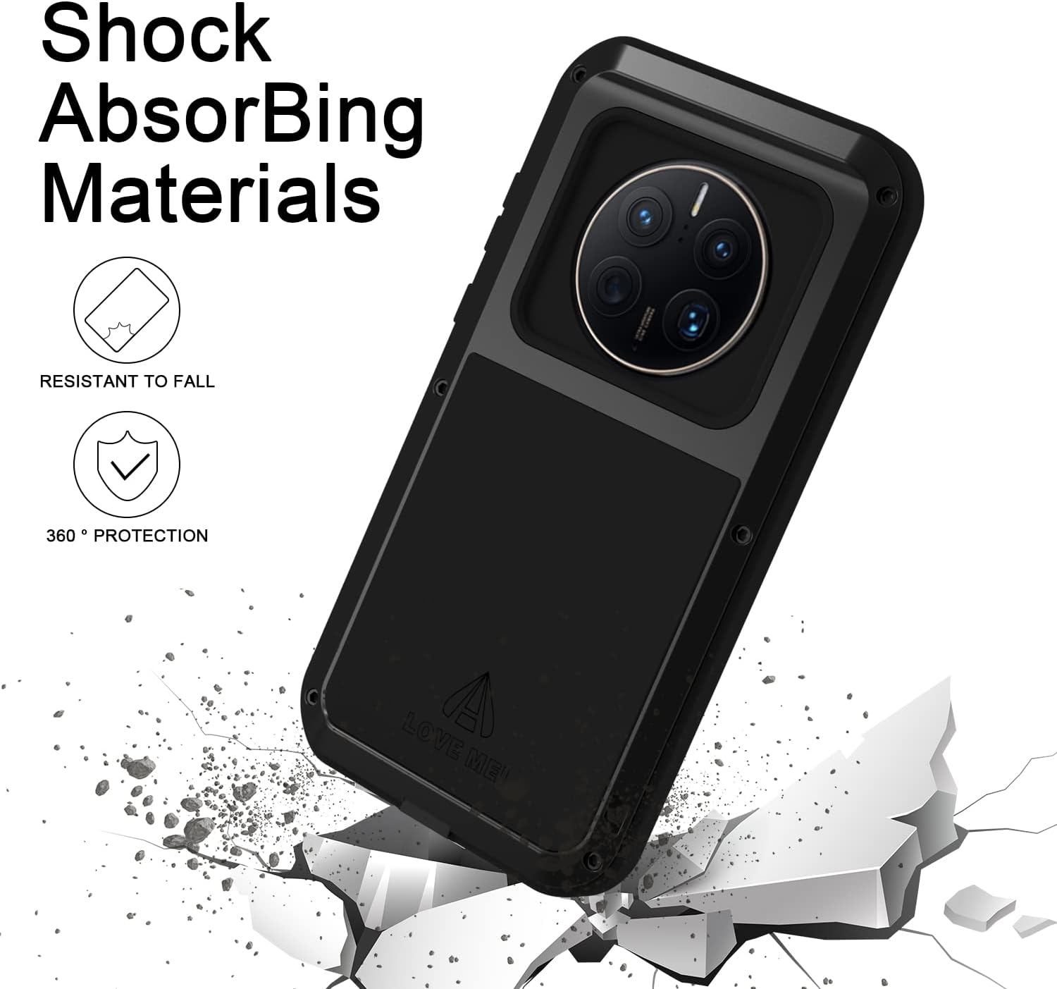 Full Body Rugged Case for Huawei-Mate-50-Pro, Heavy Duty Metal Armor Shockproof Snowproof Hybrid Aluminum Silicone Outdoor Cover with Tempered Glass, Supports Wireless Charging(Black)