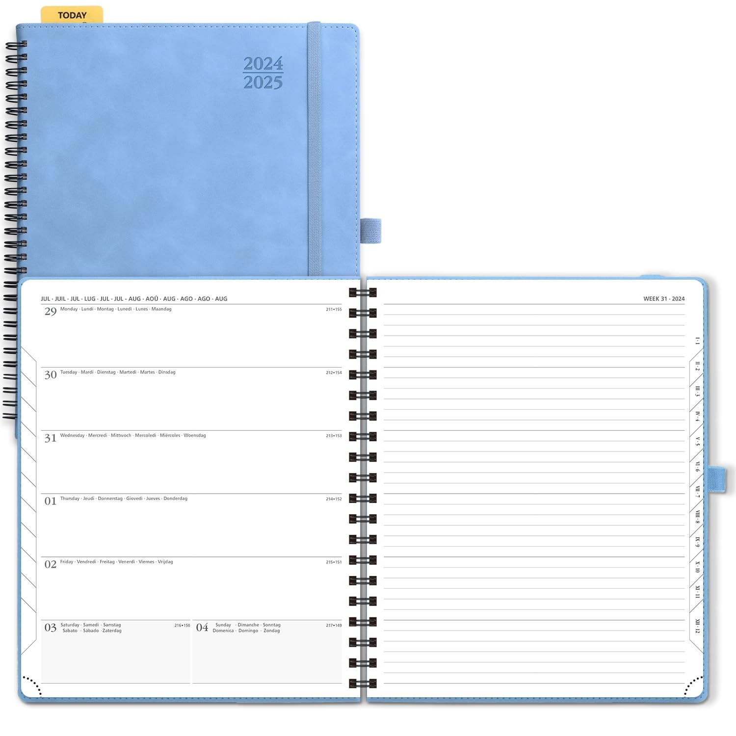 POPRUN Agenda 2024 2025 Semana Vista Espiral 26,5 x 21,5 cm, Una Página por Semana con Una Página de Notas 17 Meses de Ago.2024 a Dic.2025, 100 GSM Papel, Azul Celeste