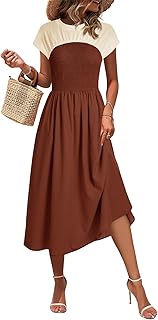 Wenrine Womens Casual Summer Midi Dress Smocked Cap Sleeve Crew Neck Color Block A Line Flowy Beach Dresses - Buy now