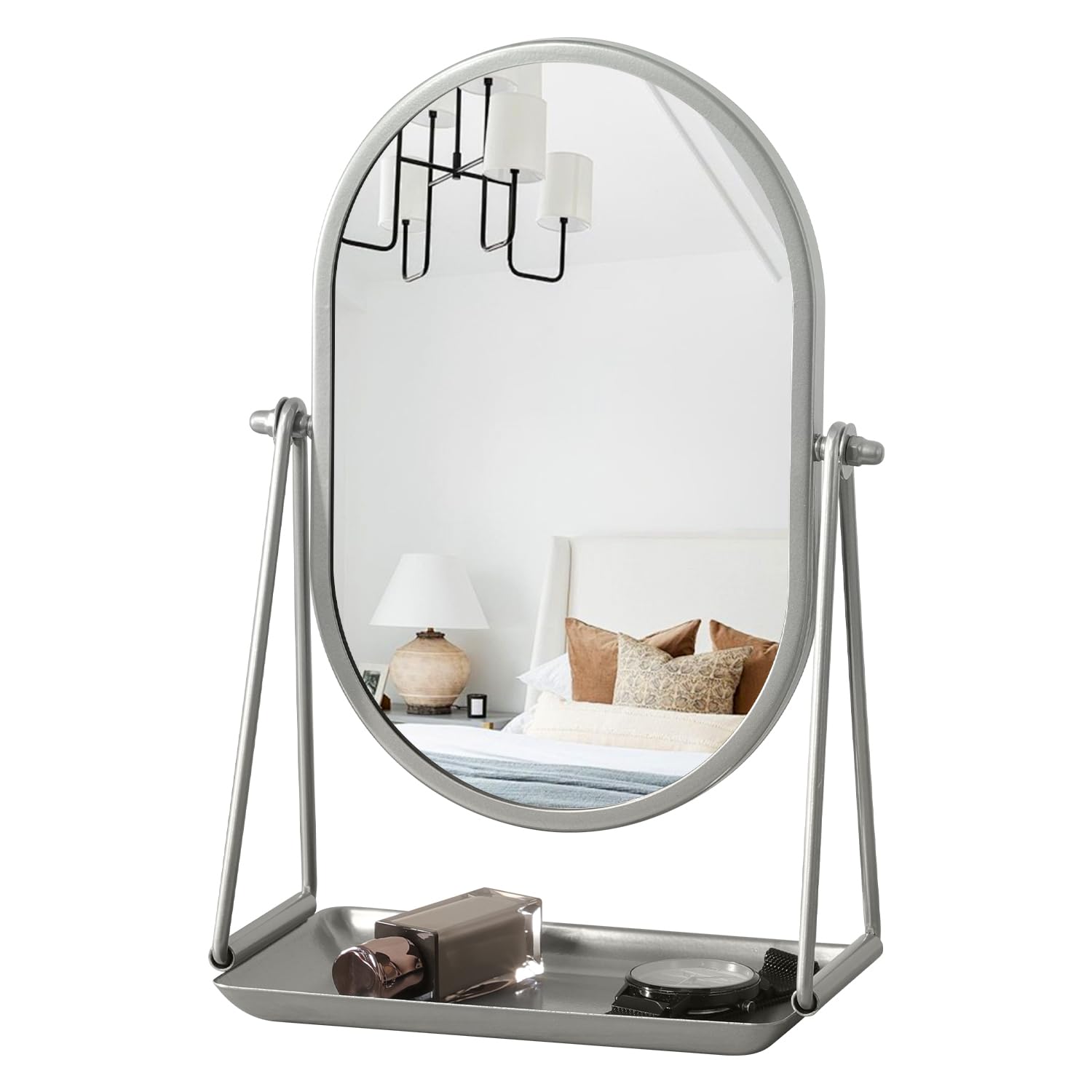 Gosider Oval-Silver Small Vanity Makeup Mirror For Desk With Metal Stand Oval Dressing Table Mirrors 360 Degree Swivel Portable Silver Cosmetic Mirror For Travel, Bedroom, Office, Dresser