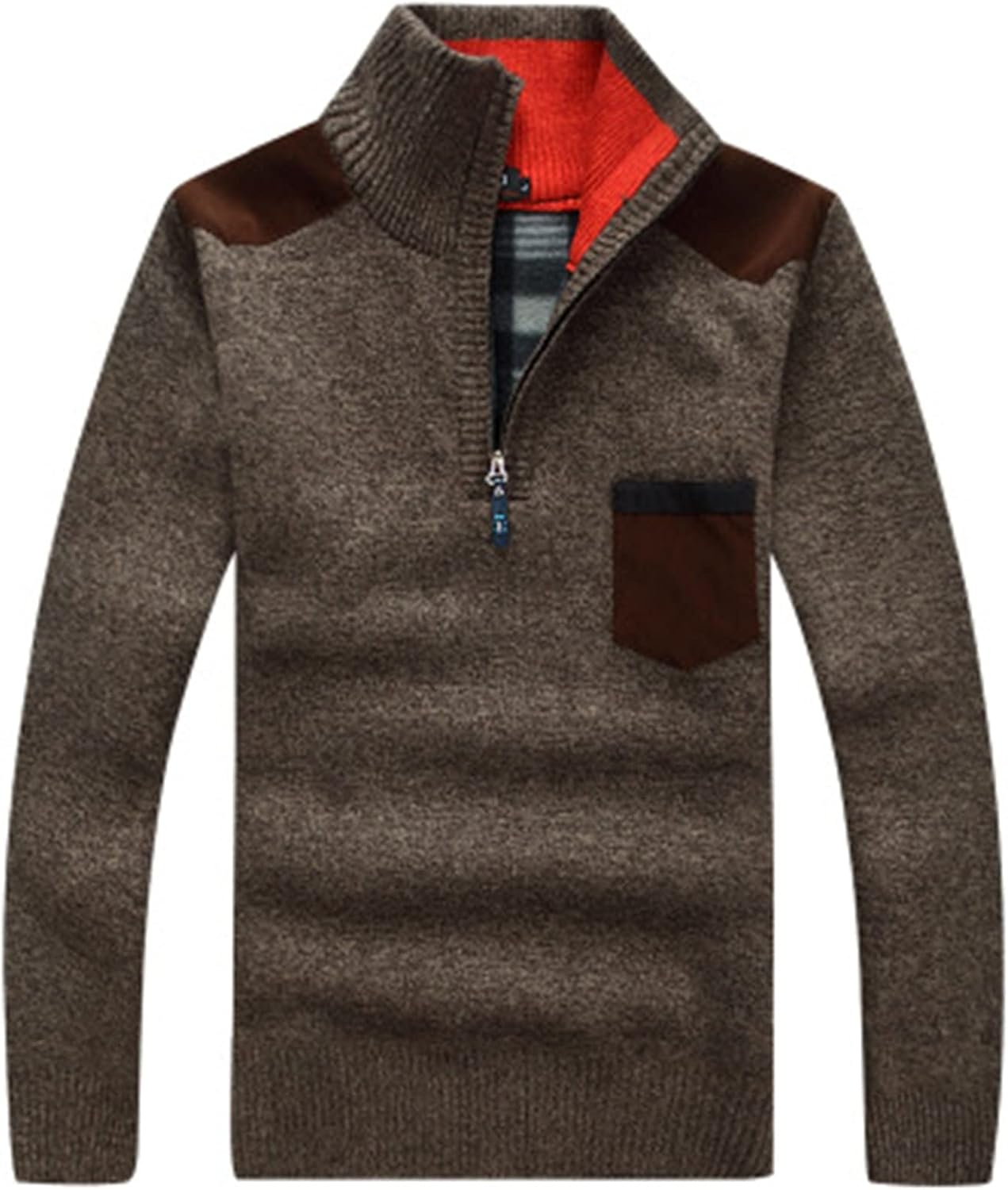 Mens Long Sleeve 1/4 Zip Sweater Casual Fit Thick Knitwear Solid Fleece Knitted Sweaters Contrast Color Block Warm Pullover (Brown,Large) : Beauty & Personal Care