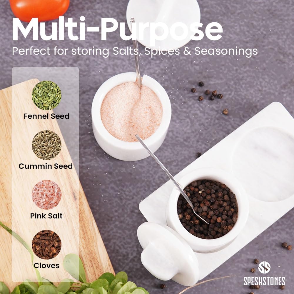 SPESHSTONES Juego de 2 botes de sal de mármol blanco de 10,16 cm con tapa, para sal de mesa, portal, botes de especias, azucarero, recipientes para condimentos, dispensador