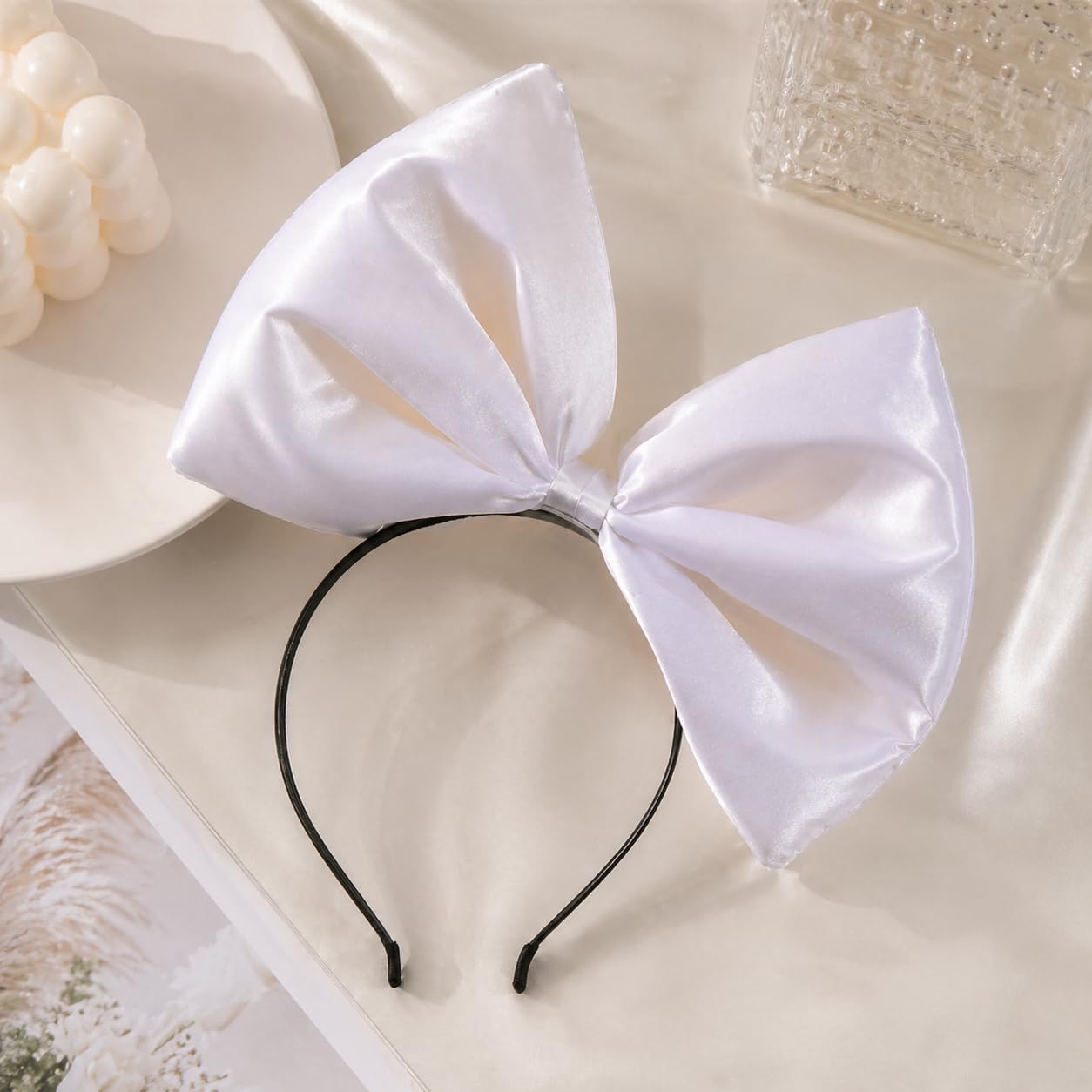 Bubbmi Women Hairband, Large Bow Headband, Satin White, Party Festival Costume Girls Hair Accessories image 4