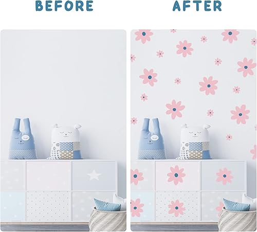 Miniatura 4 de iinuu Calcomanías de pared de flores de margaritas rosadas, calcomanías de vinilo retro floral para pared, decoración artística Groovy Y2K para