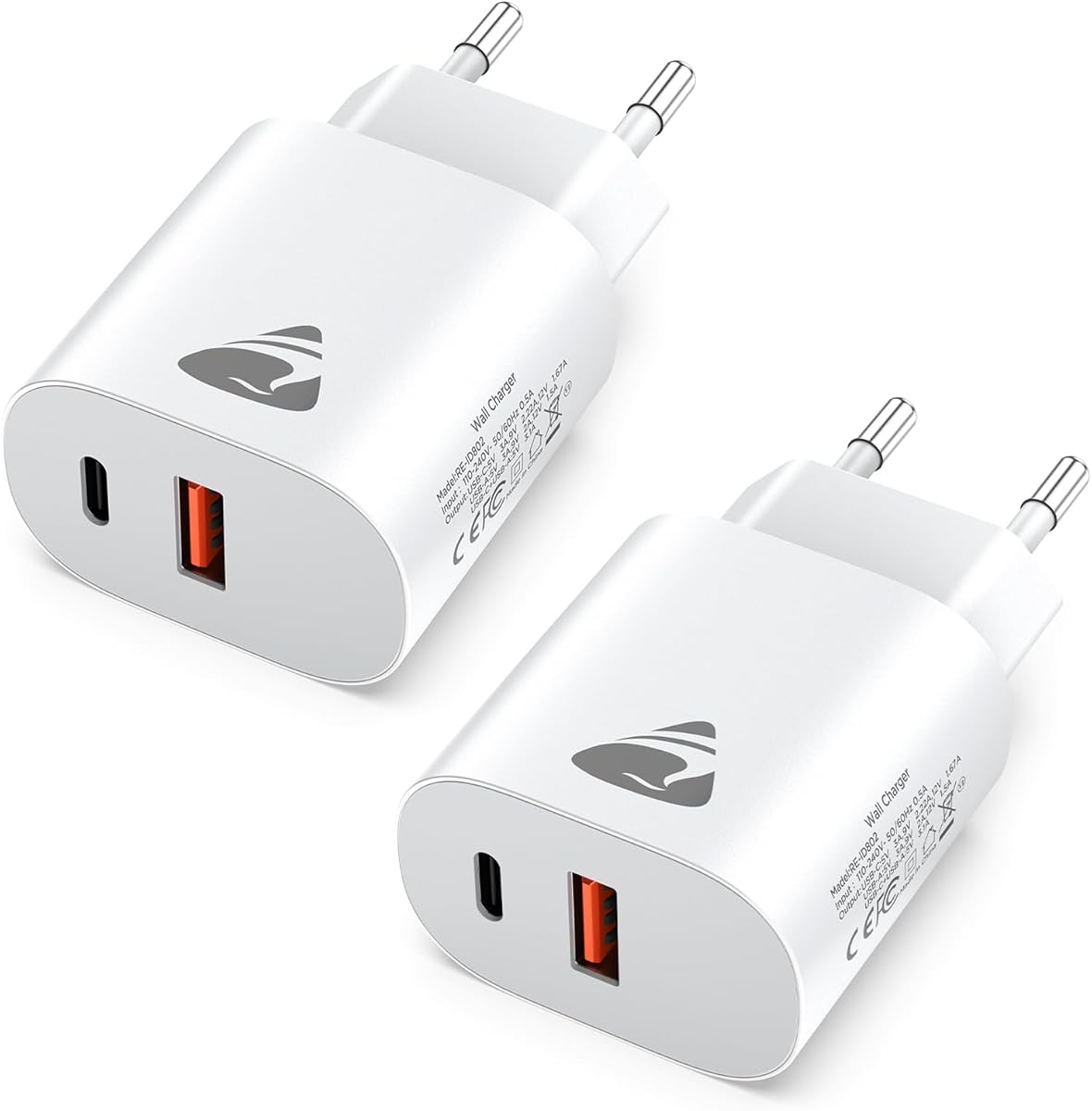 2Pack Chargeur USB C, 20W Prise USBC Adaptateur Secteur Type C PD+QC Double Mural Prise Bloc Type C Chargeur Rapide pour iPhone 16 15 14 13 12 11 Pro Max XS XR X 8 7 6 SE iPad,Samsung Galaxy,Telephone