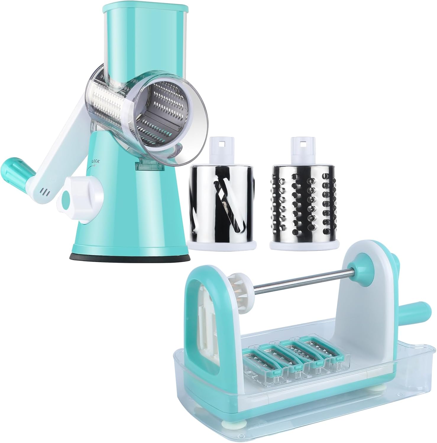 Ourokhome Rotary Cheese Grater Hand Crank, Kitchen Shredder Speed Mandolin Slicer, Zucchini Noodle Maker Spaghetti Spiralizer - 5 Blades Vegetable Slicer