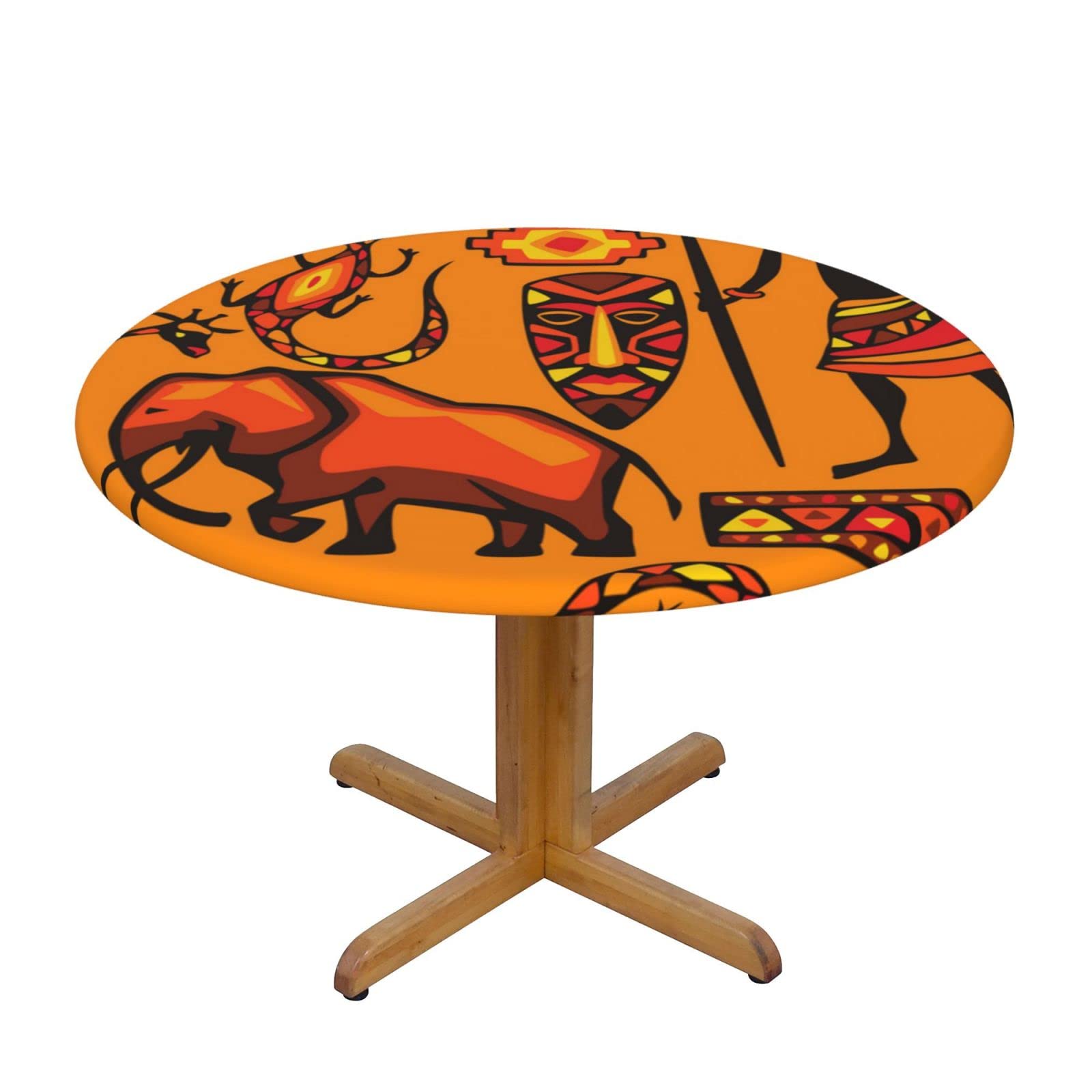 Lsjuee Round Fitted Tablecloth 45-50in Elastic Edged Table Cloth for Kitchen Dining Party Home Decor - African Ethnic People Native Animals