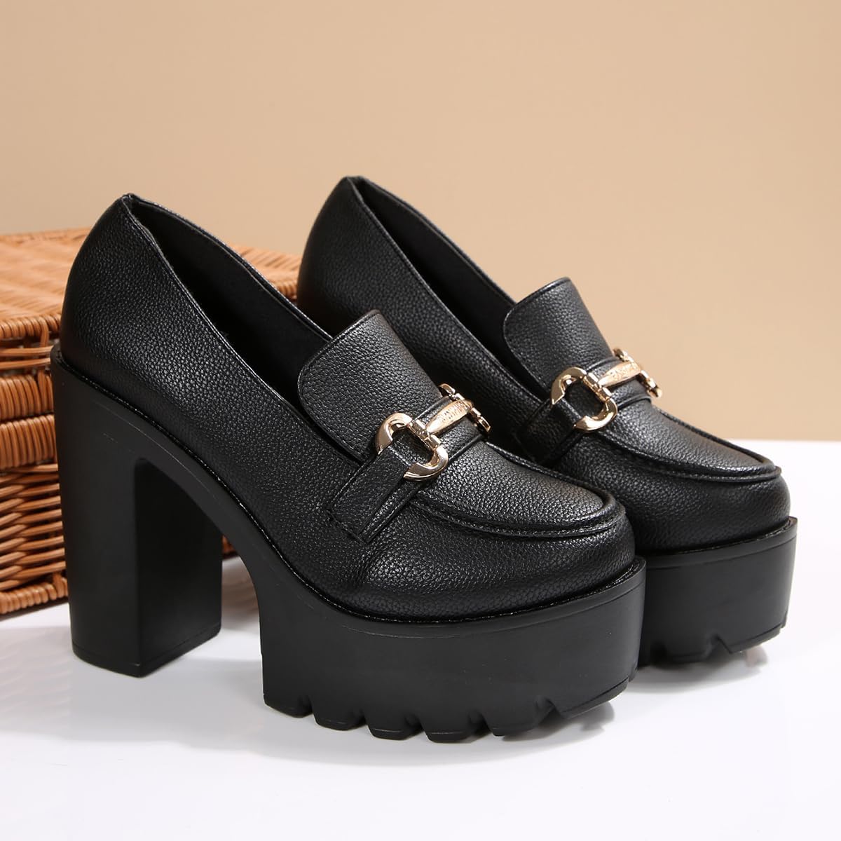 Womens Platform Heels Loafers Chunky High Heel Closed Toe Metal Buckle Shoes Penny Loafer Business Dress Work Pumps - Image 7