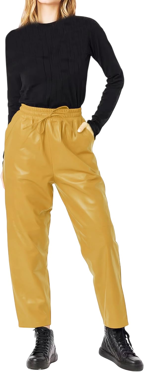 Jild Real Lambskin Leather Pants for Women Comfortable Drawstring Versatile Design Elastic Waistband with Relaxed Fit