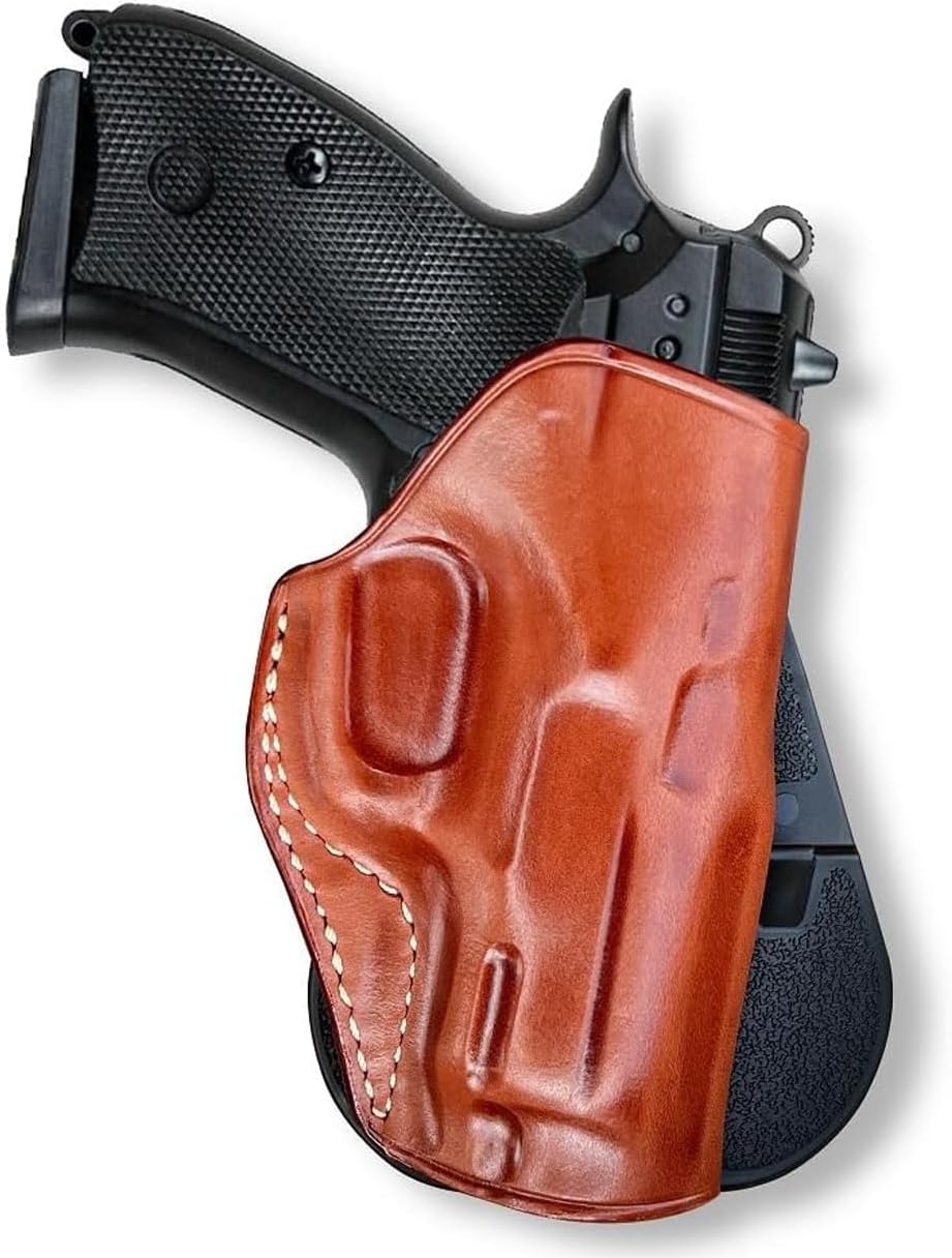 Premium Leather OWB Paddle Holster Open Top Fits CZ 75D PCR Compact 9mm 3.75” Barrel, Right Hand Draw, Brown Color #1308#