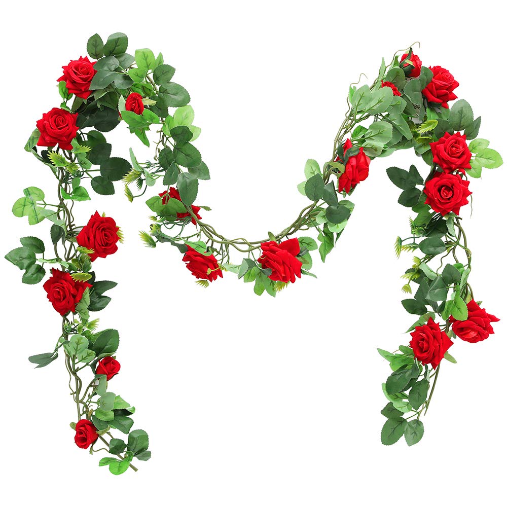 Floweroyal 2pcs Artificial Rose Vines 5.5ft Velvet Flowers for Garland Hanging and Wedding Decor (Red).