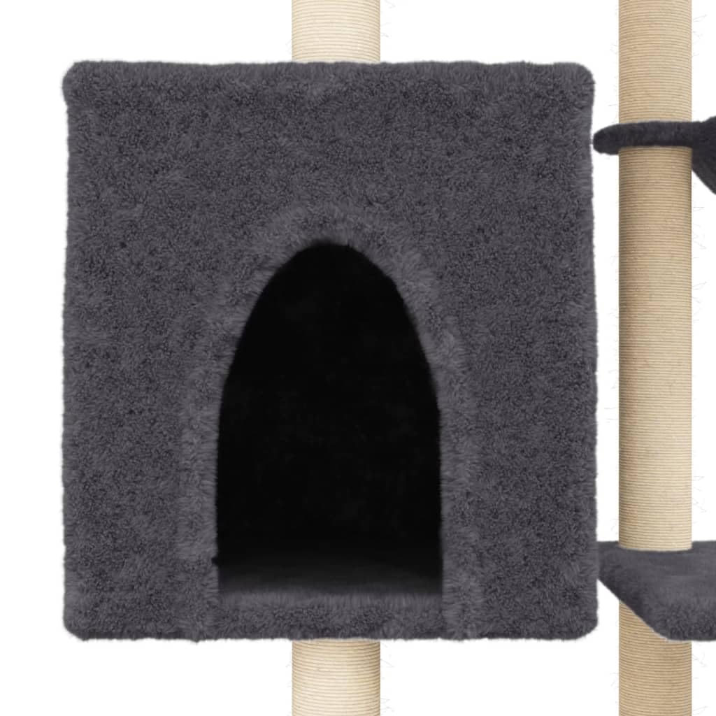 Rascador para gatos con columnas rascadoras de sisal, gris oscuro, de felpa, 131 cm, grande, estable, con cueva, superficies de descanso y muebles rascadores para casa y esquina