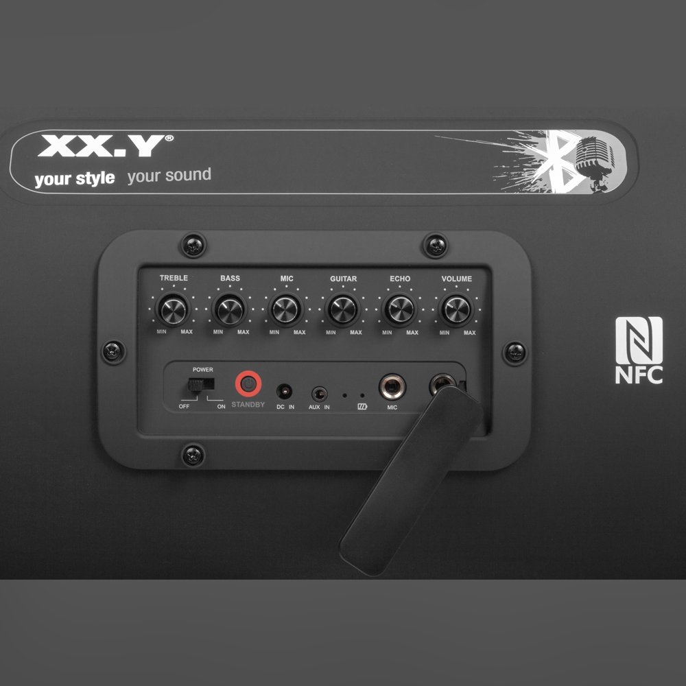 XX.Y P-127J tragbarer Bluetooth Lautsprecher Boom Box (NFC) mit eingebautem Akku/Audio-Eingang für Mikrofon/Musikinstrument/MP3 Player schwarz