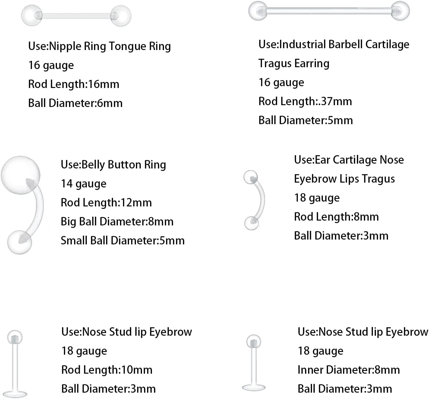 48pcs Clear Piercing Retainers Bioflex Nose Tongue Belly nipple rings Plastic Earings Eyebrow Cartilage Tragus Lip Septum Hoop Nose Stud Industrial Bar Piercing Jewelry For Surgery.