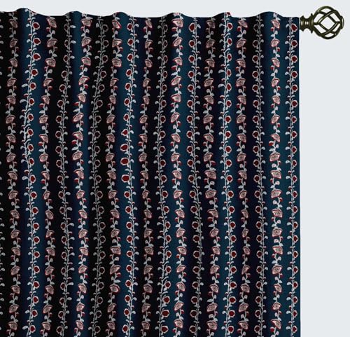 Vargottam Cotton Curtains for Windows - 3-in-1 Rod Pocket/Back Tab Short Window Drapes - Light Filtering Cotton Canvas Panels - Set of 2, 52"x63" - Floral Print (Blue)