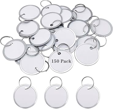 150 Pcs Metal Rim Key Tags - 1.25 Inch Key Tags with Labels, White Paper Labels Writable Round Key Ring Tags with Split Rings,Great for Lockboxes and for Organizing Keys on a Keyring