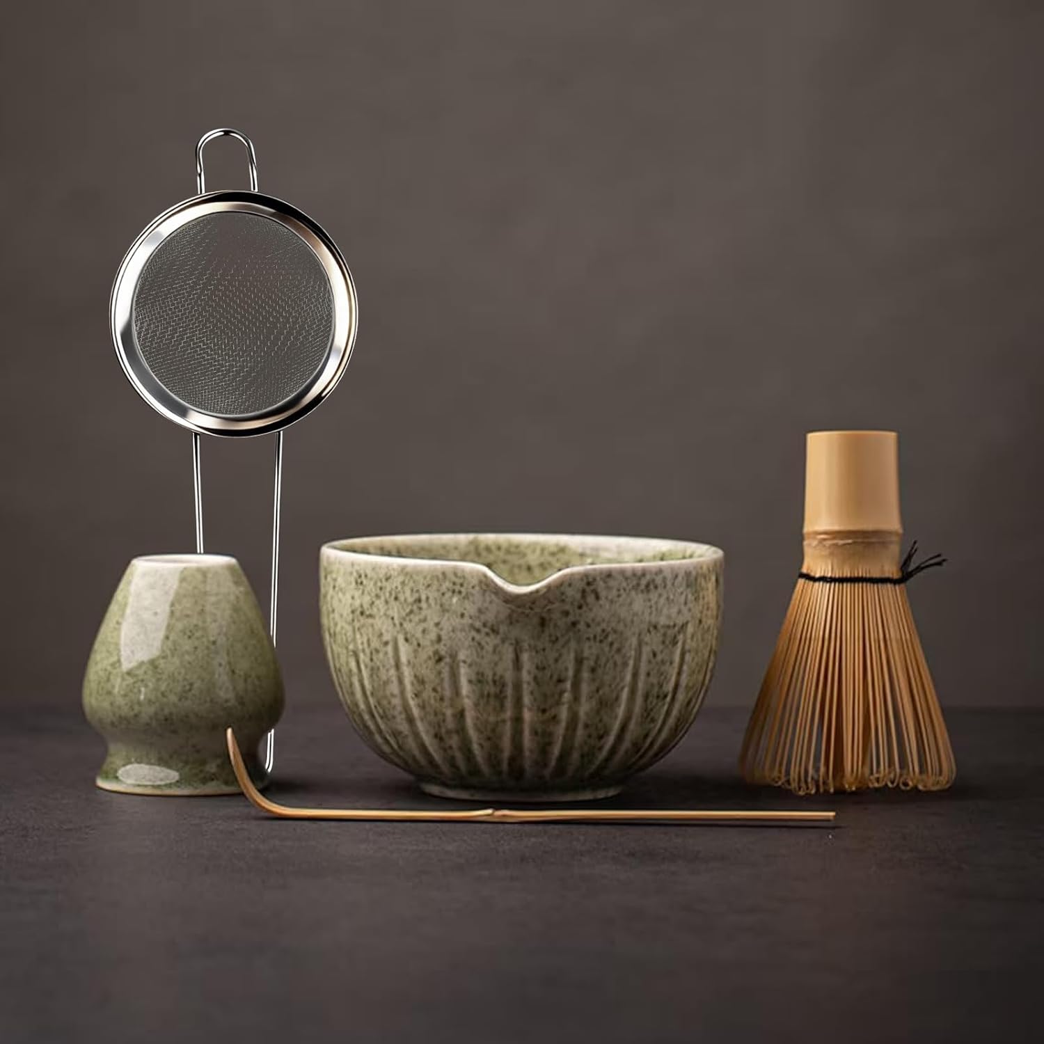 TANG PIN Matcha Set - Match Bowl and Whisk, 15 OZ, Matcha Scoop | Matcha Whisk Stand (Chasen Holder) - 5pc Perfect Matcha Kit for Matcha Tea Ceremony (Mottled Green)