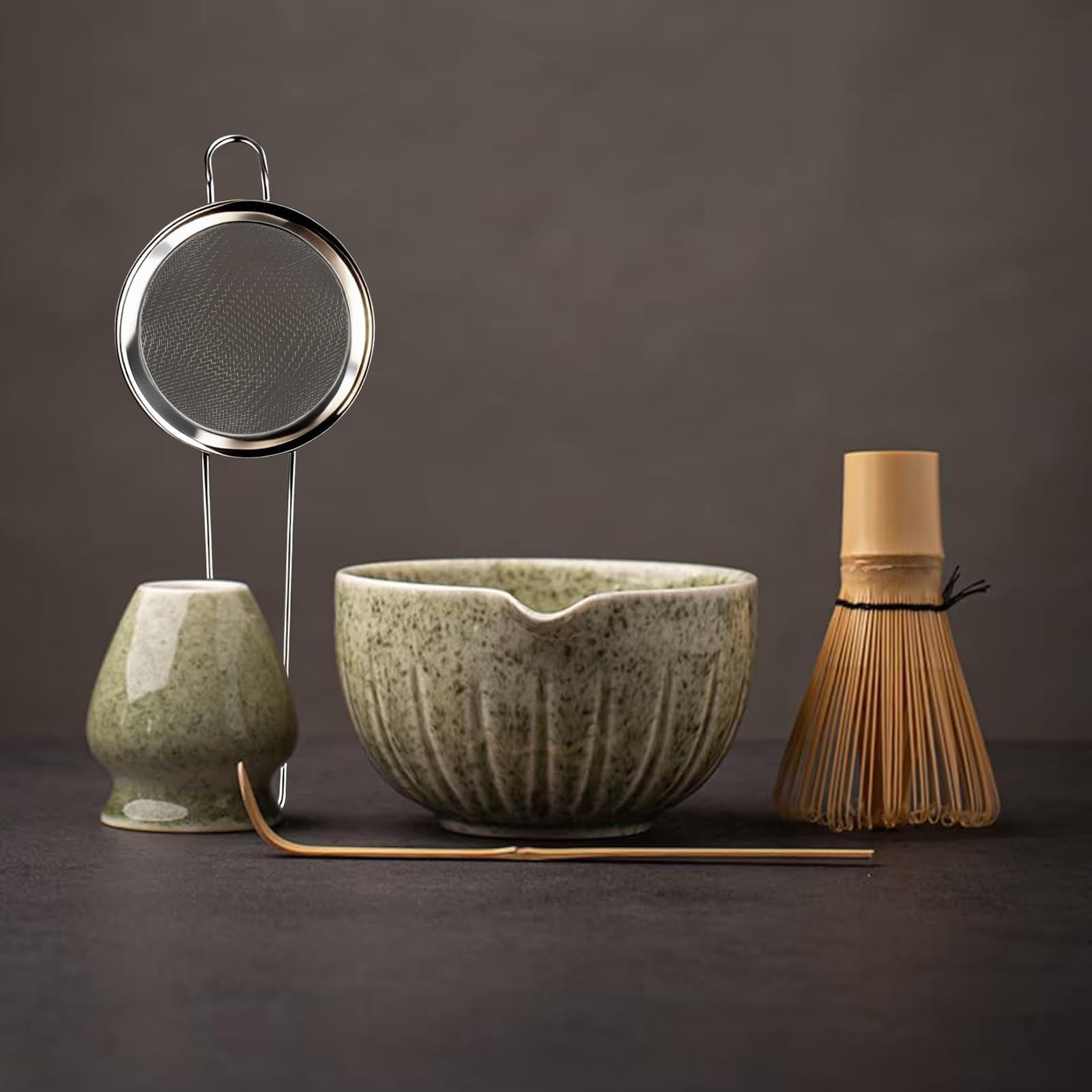 TANG PIN Matcha Set - Matching Bowl with Pourer and Whisk | Matcha Scoop | Matcha Whisk Stand (Chasen Holder) - 4 Piece Matcha Kit for Matcha (Motty Green)