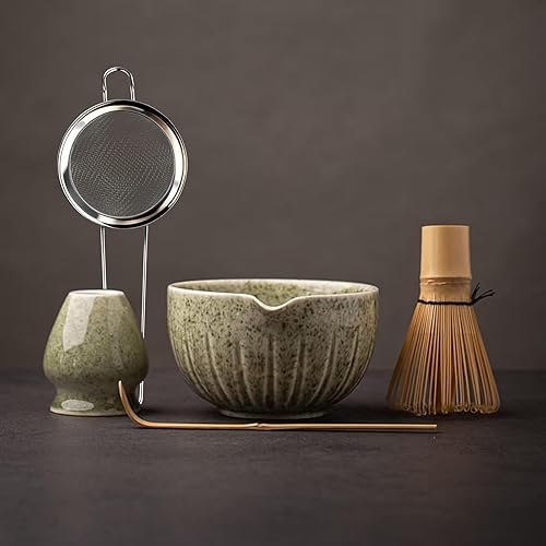 TANG PIN Matcha Set - Match Bowl and Whisk, 15 OZ, Matcha Scoop | Matcha Whisk Stand (Chasen Holder) - 5pc Perfect Matcha Kit for Matcha Tea Ceremony (Mottled Green)