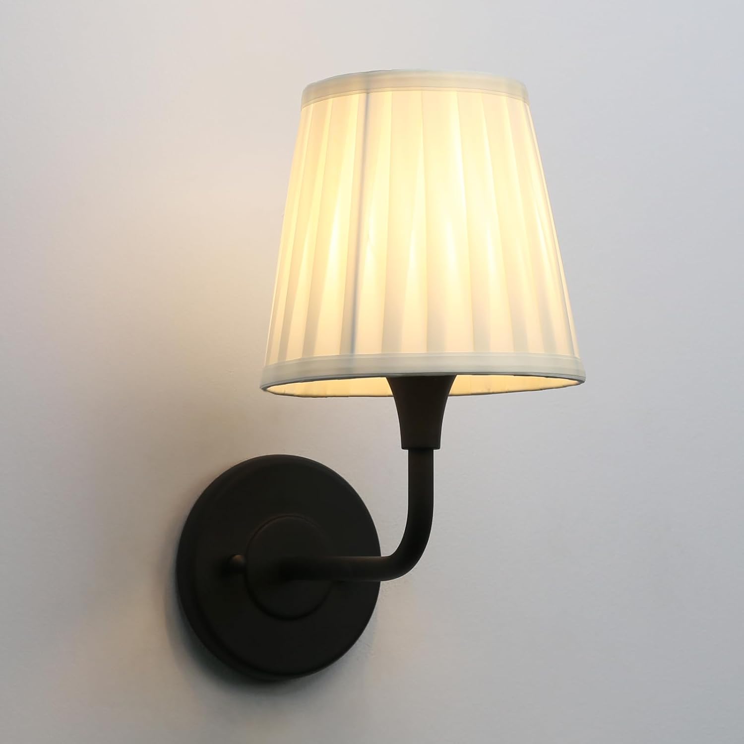 PERMO Set of 2 Matte Black Wall Sconces with Beige Pleated Fabric Shade – E26 Hardwired Single Arm Wall Light for Bedroom, Living Room, Hallway, Bathroom