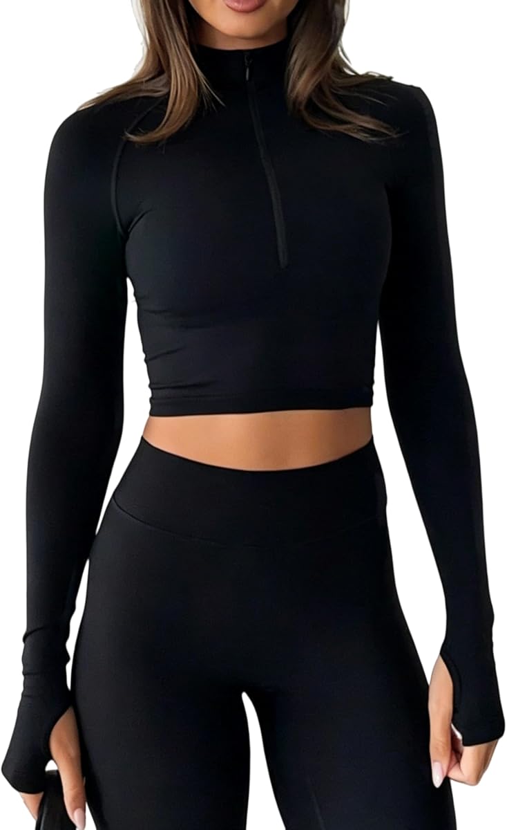 Women Long Sleeve Workout Top Fitted Cropped Quarter Zip Pullover